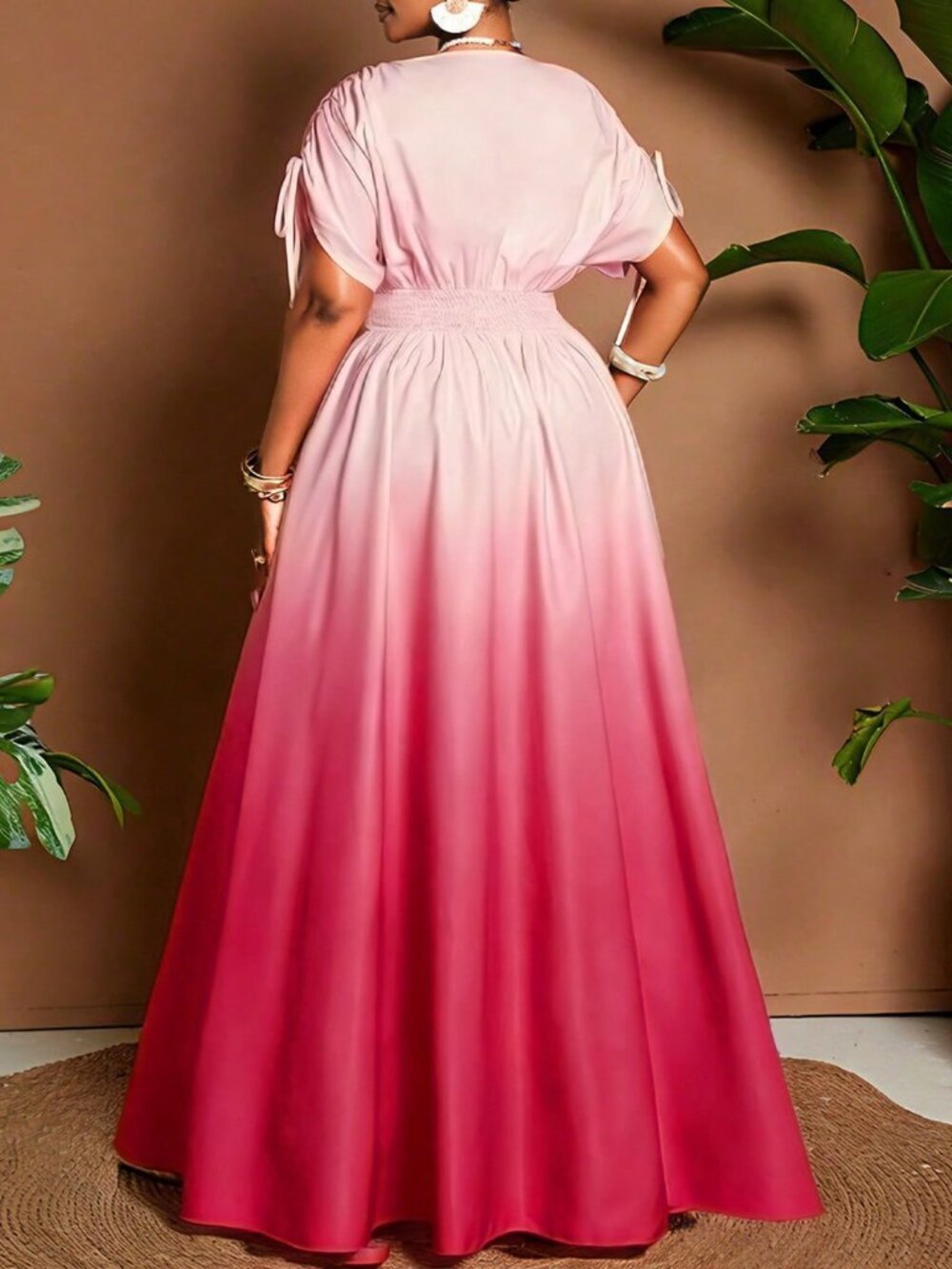 Multicolor Casual Women's Plus Size Ombre Tie-Front V-Neck A-Line Maxi Dress - Picture 2 of 7